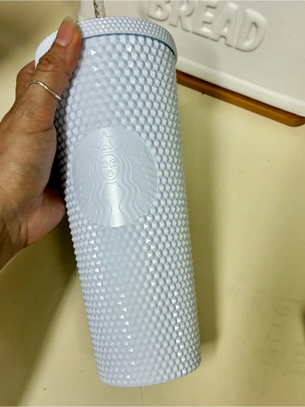 Starbucks Tumbler Spring 2024 white studded bling venti 24oz blue green lining